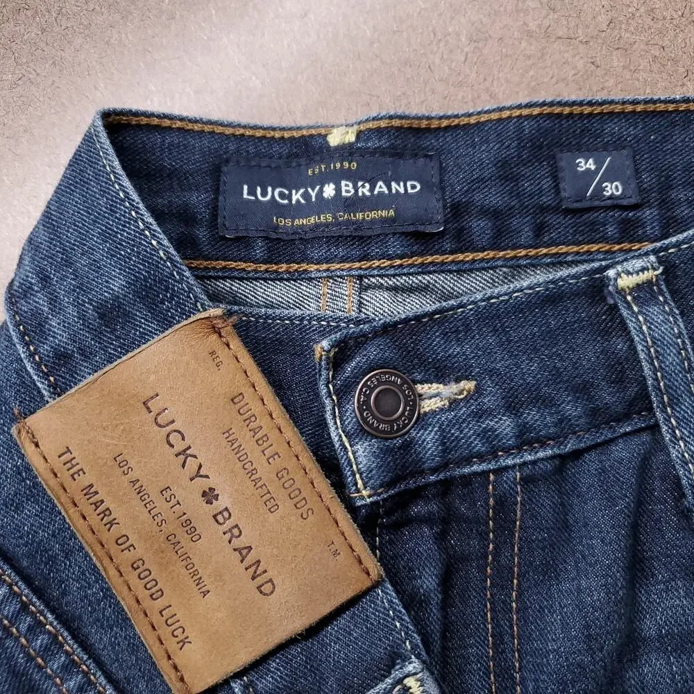 Lucky‎ Brand 221 Straight Jeans Men 34x30 Dark Blue Denim Stretch Distressed